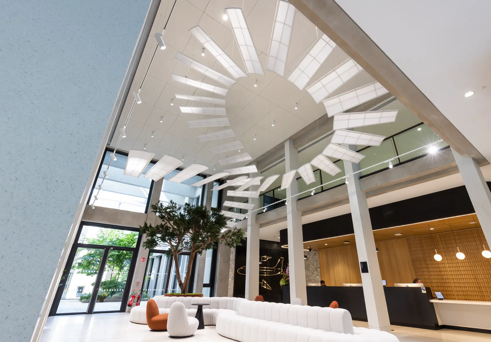 Suspended art installation in an interior reception, SMBC Aviation, Dublin, Seek Design